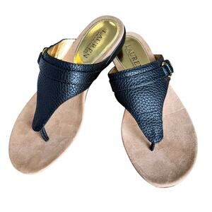 Ralph Lauren Womens Thong Sandals 6B Black Faux‎ Leather Slip On Summer  Beachy